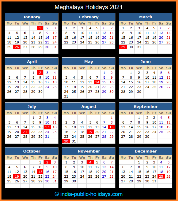 Meghalaya Holiday Calendar 2021